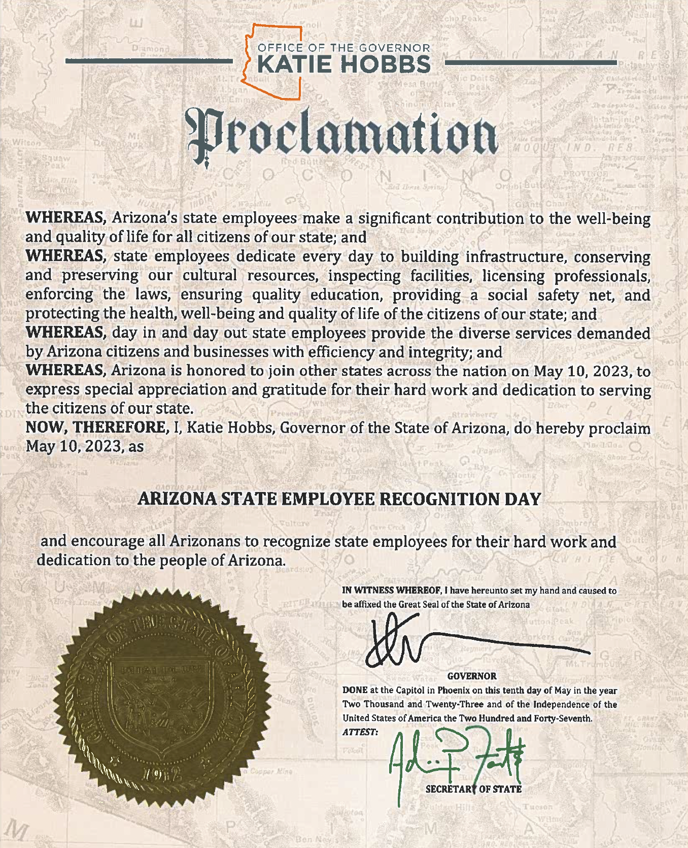 image of the 2023 Proclamation by Governor Hobbs for Employee Recognition Day