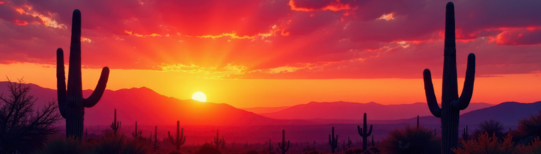 Saguaros silhouetted during a sunset with mountains in the background