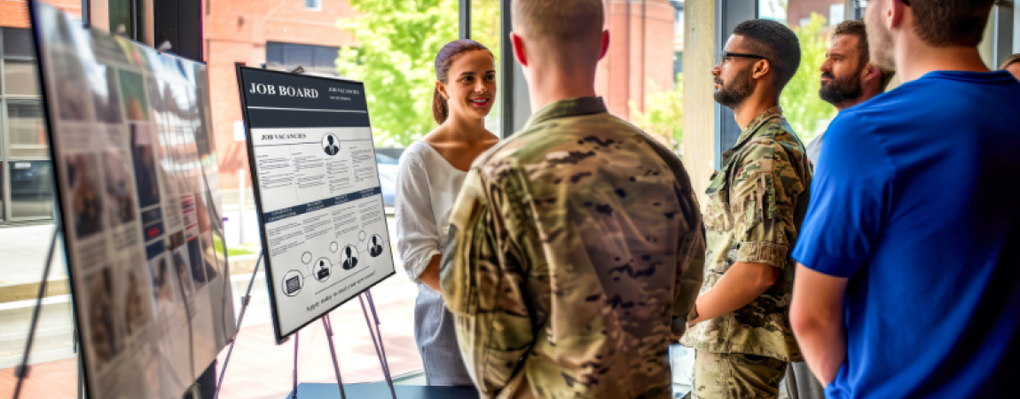 Job board with people in military uniform in front of it