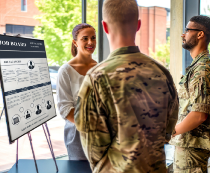 Veterans looking at a job board