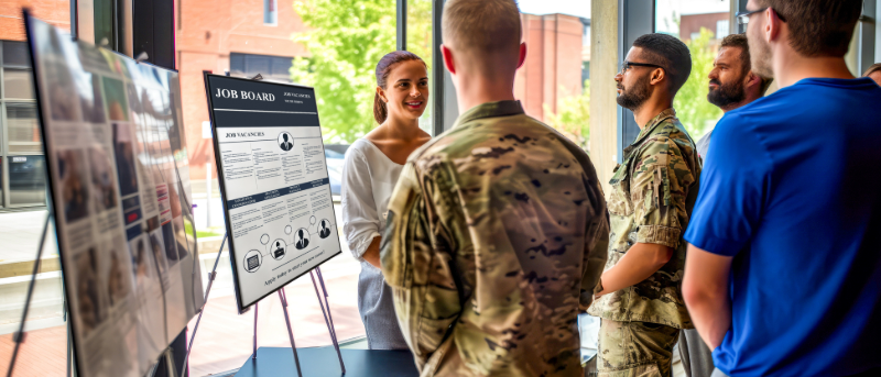 Job board with people in military uniform in front of it